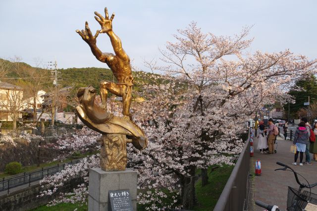 階段を登ると像と土手にあふれる桜の木々。