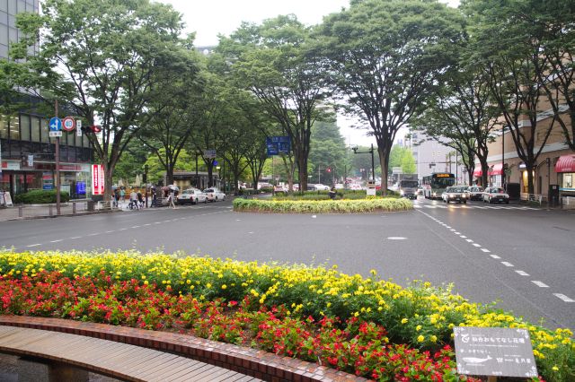 中央の遊歩道へ。勾当台公園駅方面。