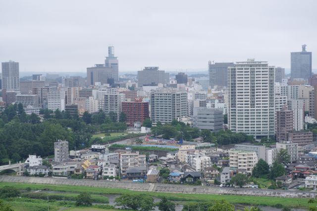 少し北側、左のNTTドコモ東北支社の手前に県庁と市役所。