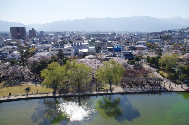 西側、遠くには北アルプスの山並み。