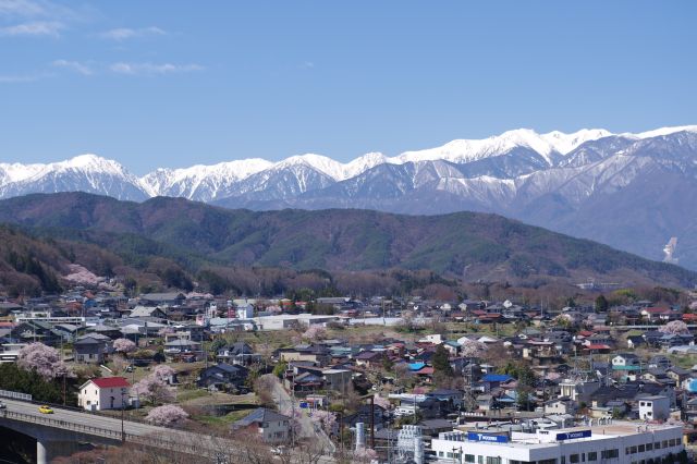 雪をかぶった南アルプスの美しい山並み。