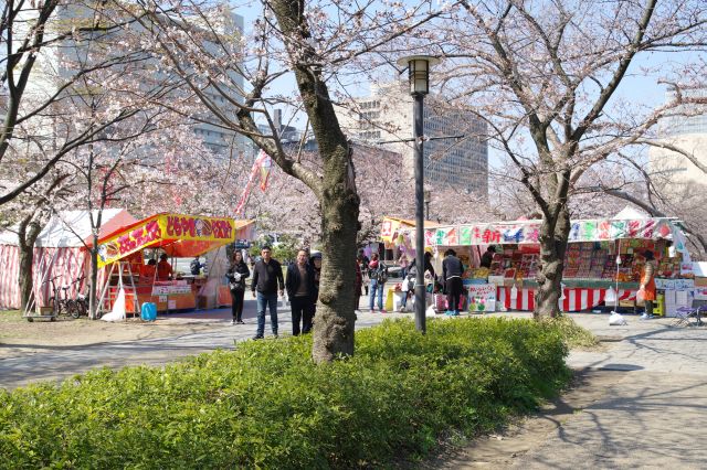 屋台もありお祭りの雰囲気。駐車場から出入りする外国人が多い。