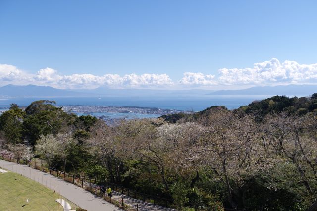 幅広い伊豆半島の山並みが続く。