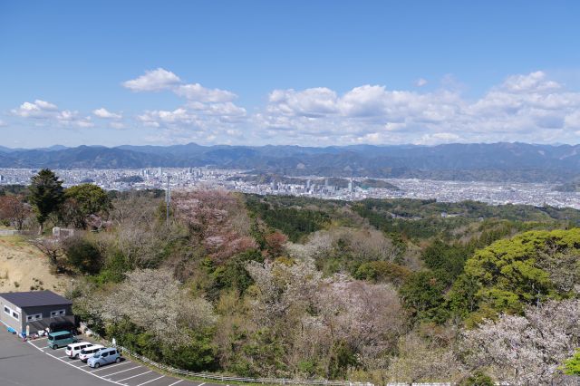 西側、山に挟まれた平地に建物がびっしり。