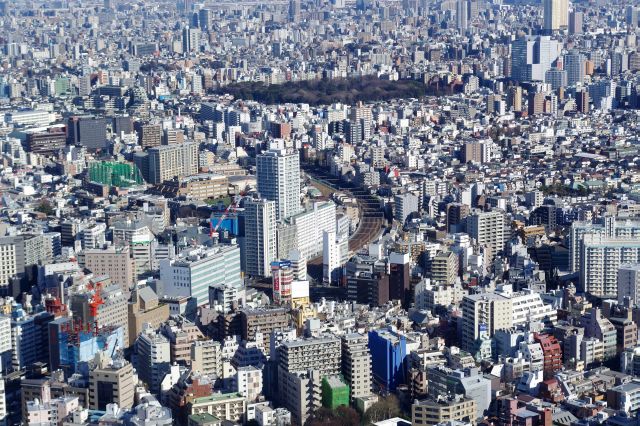 巣鴨、駒込方面。街中の緑は兼六園。