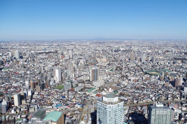 広大な平野に続く街並み。遠くには筑波山の山並み。