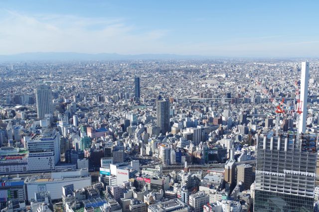 西側、池袋駅の先の町並みと秩父方面の山並み。