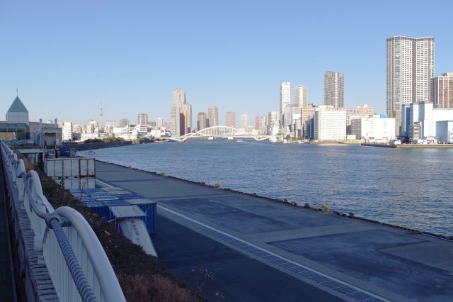 海側に出ると長い岸壁と海と対岸の風景。船のエンジン音、鳥の声、海風。