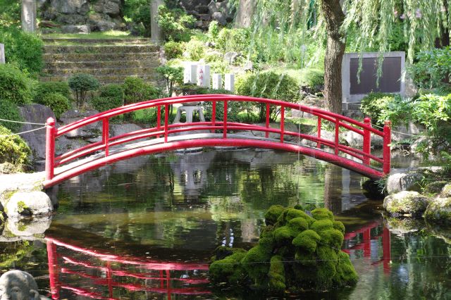 赤いかつら橋。池には鯉がいます。