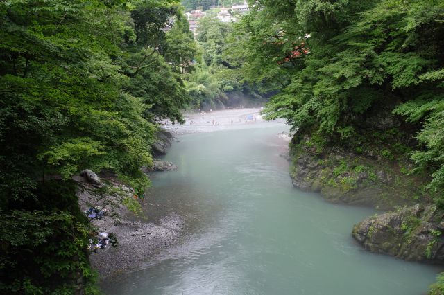 多摩川下流方面。人が集まっていた河原が見えます。