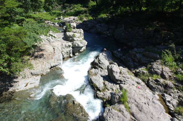 左側の川下方面。近くの岩場は落差があり、音と共にダイナミックに流れています。