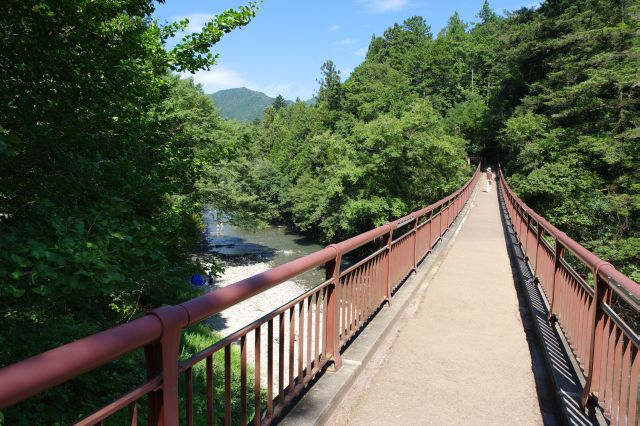 橋を振り返る。豊かな緑の中の橋。