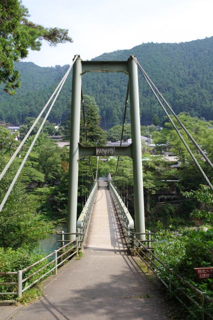 対岸につきました。正面左が沢井駅。左に寒山寺への階段。