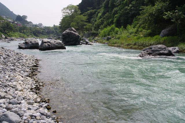 ゴツゴツした石を歩き川へ。