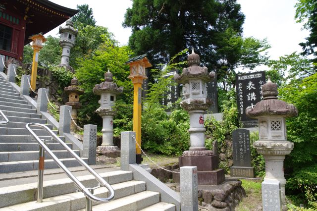 階段脇に沢山の灯篭。