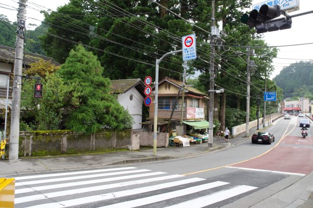 奥多摩駅入口交差点、神社は氷川大橋側にあります。