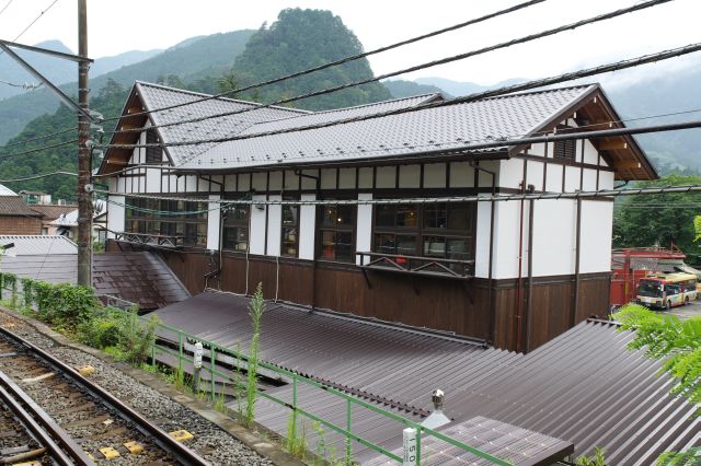 1番線の向こうにレトロな雰囲気の駅舎があります。