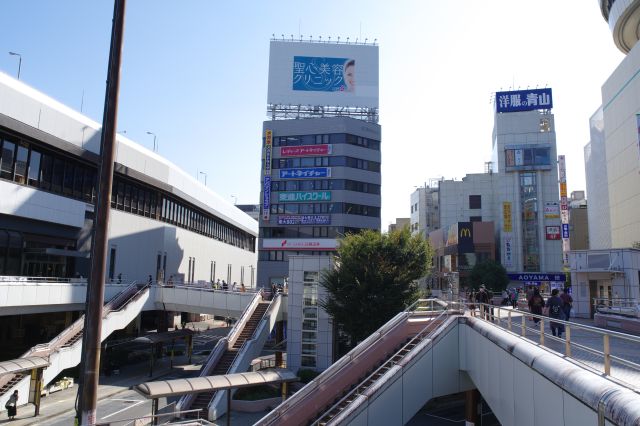仙台駅よりコンパクトなペデストリアンデッキ。人が行き交い賑やかで都会感。