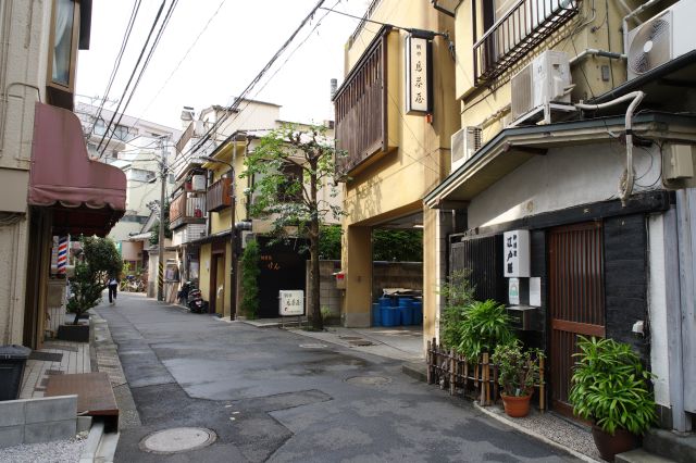 小栗通りへ右に曲がると生活感がありつつ趣のある料理店が連なります。左に曲がっていれば泉鏡花旧居跡、北原白秋旧居跡があります。