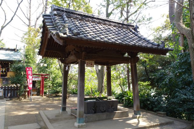 少し階段を上り一段高い境内。右に手水舎。