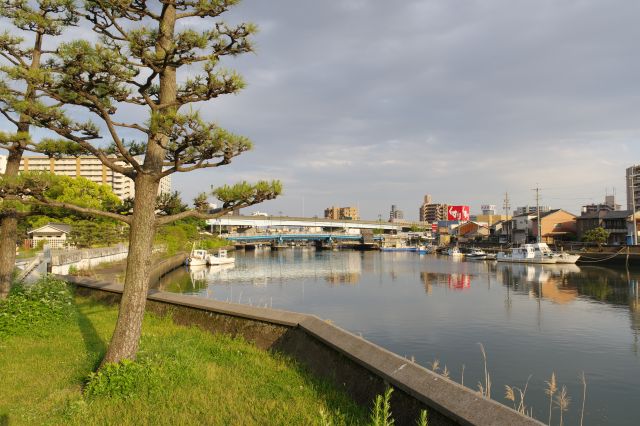 歩いてきた新堀川沿いの風景。両岸にボートが停泊。