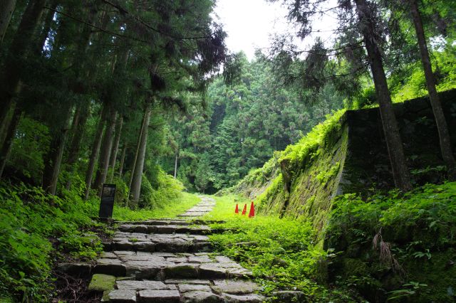 一の門の跡へ、右手に石垣があります。