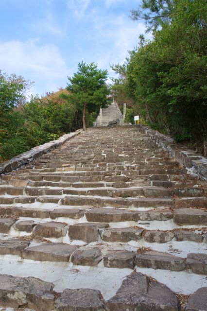 階段はそのまま最後の直線へ。鳥居が見えてきました。