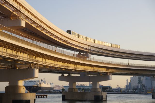 夕陽を浴びるゆりかもめと港湾風景。