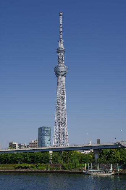 台東区側から眺める空にそびえ立つ東京スカイツリー。