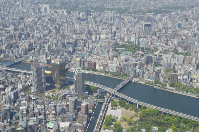 隅田川にアサヒグループ本社ビルと浅草寺。