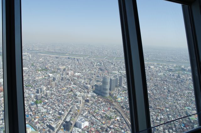 北東側、荒川が横切ります。手前のビルは曳舟駅。