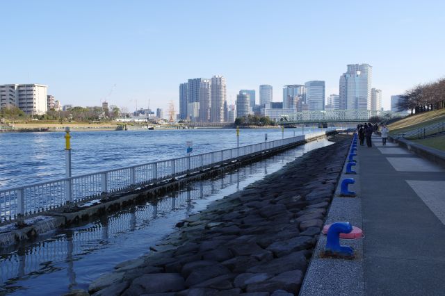 親水テラス。水面の高さはほぼ同じで船が通ると水が入ってきます。