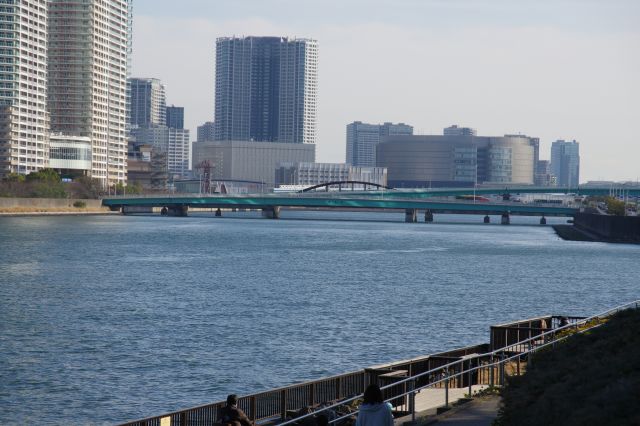 川下の新豊洲駅方面。晴海橋梁、ビッグドラムなど。