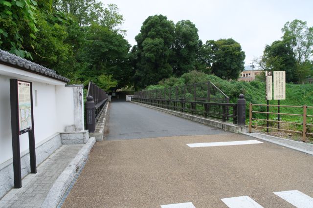 橋の先は本丸だった場所、そこに建つ高校敷地内に薬医門があります。