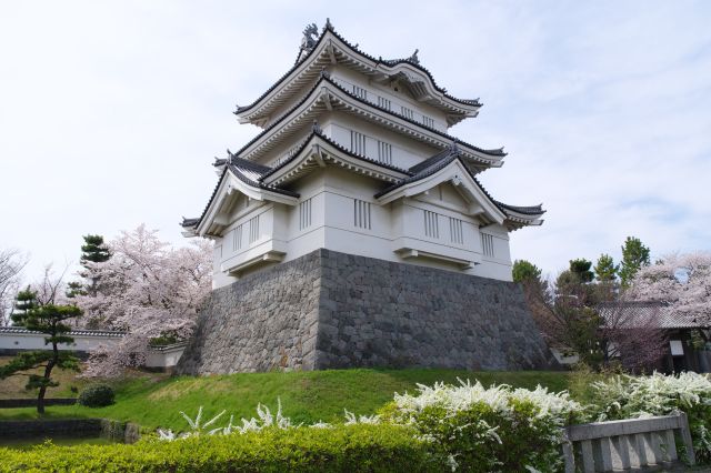 小路の先はすぐに御三階櫓が現れます。周囲は住宅街で街中の大きな建物です。。