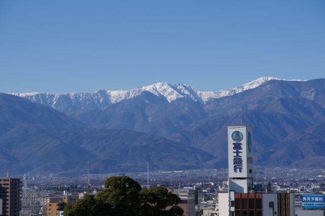 ほぼ同じ眺望ですが謝恩碑に遮られず冠雪した山並が見えました。