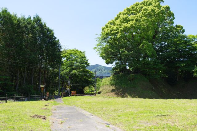 野牛曲輪へ向かう小路へ。先ほどの城藪稲荷跡の土塁が見えます。