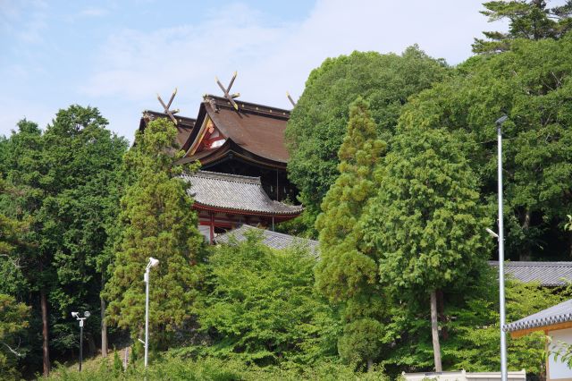 斜面の廻廊の先に見える本殿。