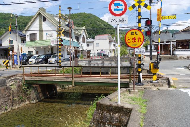 紺屋川をまたぐ線路と道路。