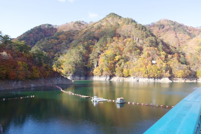 ダム湖と紅葉の山々。