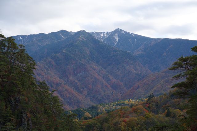 上には遠くに冠雪した山並み。