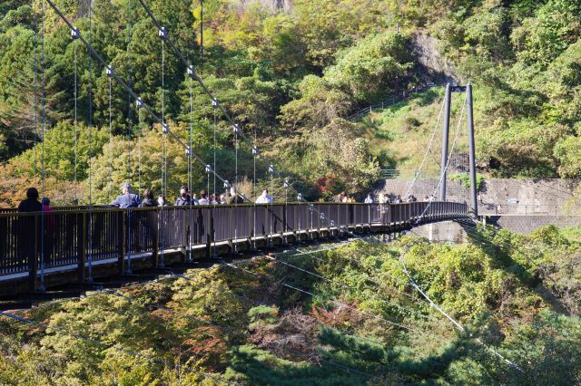 たわみが少なくほぼ真っすぐの橋。人が行き交います。