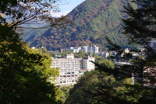 林間から少しだけ鬼怒川温泉がが見えました。