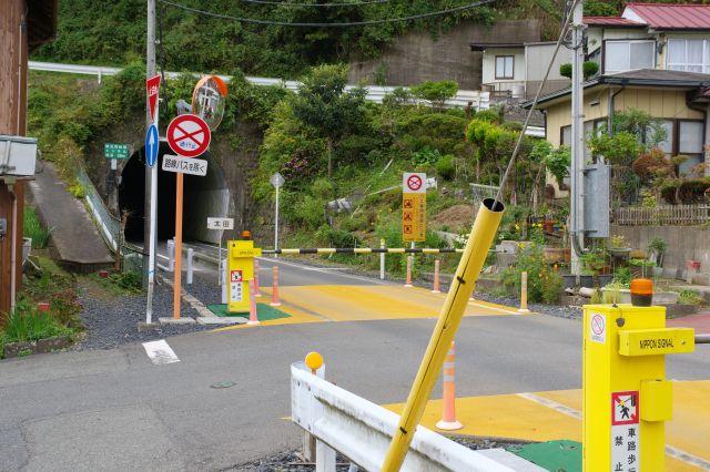 鉄道がBRTに置換された。専用軌道側に遮断機が下りた独特の構造。