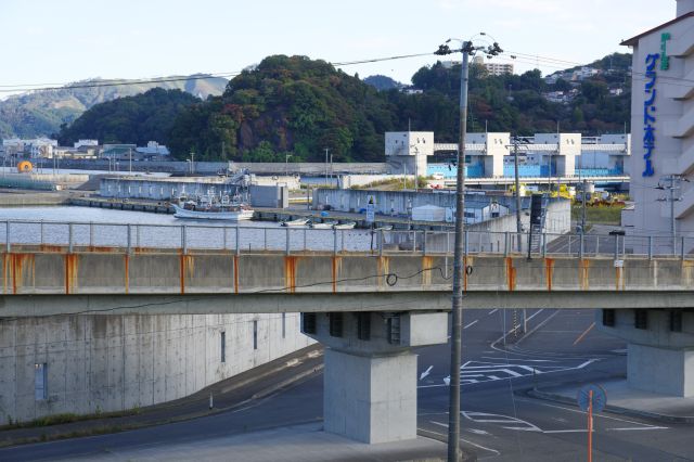 埠頭の海岸沿いに防潮堤が巡ります。