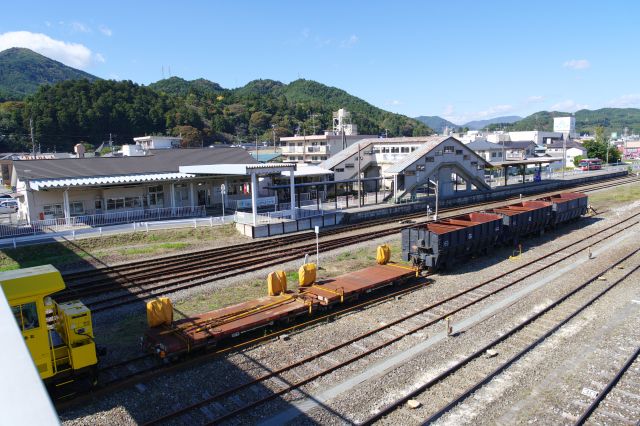 駅のホームを上から見渡します。