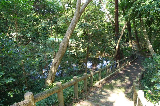 戻って進むと水堀が見えてきます。