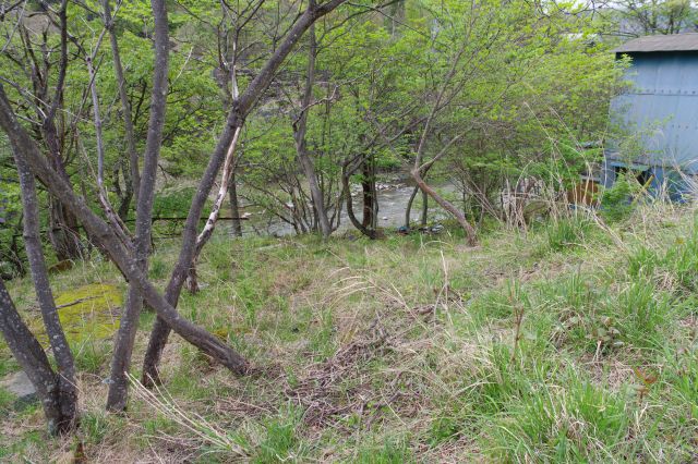 左側に空き地の先に松木川が見えます。
