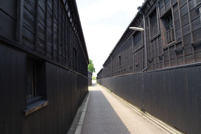 高さのある黒壁が両側に迫る小路、風情で良い雰囲気。