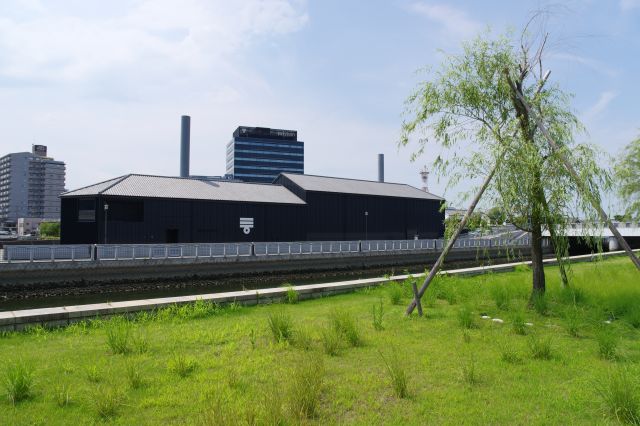 左側に草地で開け、対岸のミュージアムが見えます。